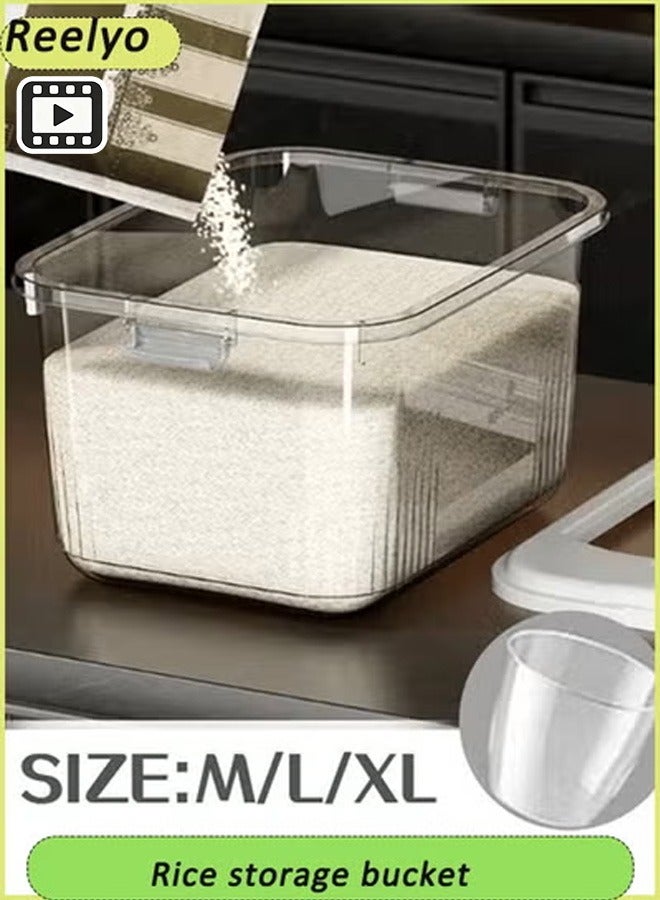 Reelyo Rice Bucket, Clear Plastic Grain Bucket with Measuring Cup, Sealed Household Grain Storage Bucket Transparent Square Rice Storage Box Kitchen Rice Bucket Grain Cereal Dispenser Sealed Storage Box with Lid - Image 1